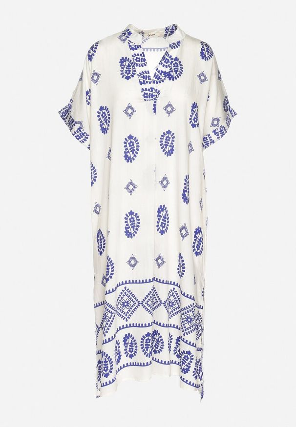 Born2be - Niebiesko-Kremowa Wiskozowa Sukienka Boho o Pudełkowym Kroju z Rozcięciami Nelbia. Okazja: na co dzień. Typ kołnierza: dekolt w serek. Kolor: niebieski. Materiał: wiskoza. Styl: boho