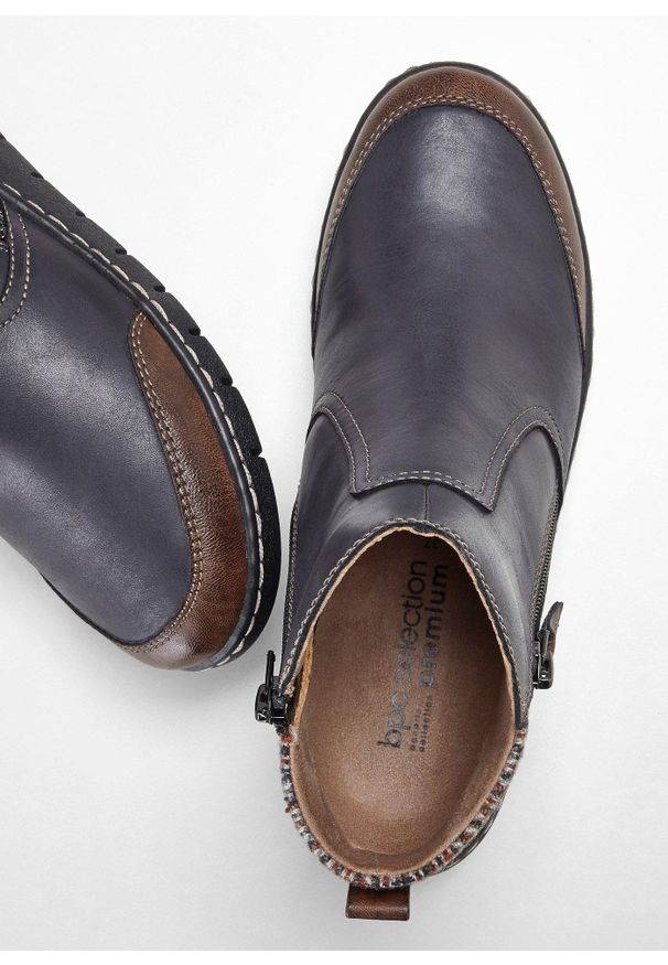 bonprix - Botki skórzane. Kolor: niebieski. Materiał: skóra