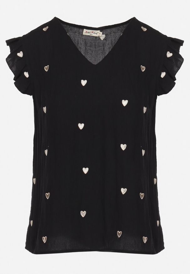 Born2be - Czarna Bluzka Top z Wiskozy bez Rękawów z Falbankami w Haftowane Serduszka Taella. Okazja: na co dzień. Typ kołnierza: kołnierz z falbankami. Kolor: czarny. Materiał: wiskoza. Długość rękawa: bez rękawów. Wzór: haft. Styl: elegancki, casual