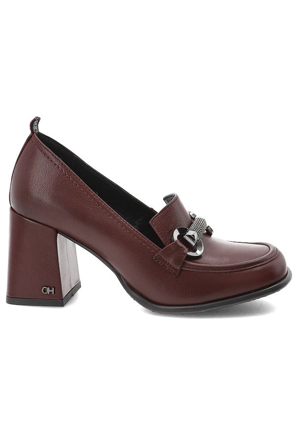 CheBello - Półbuty damskie Chebello, eleganckie na słupku z ozdobą z okrągłym noskiem ze skóry i wsuwane, bordowe, 4780-546. Okazja: do pracy. Nosek buta: okrągły. Zapięcie: bez zapięcia. Kolor: czerwony. Wzór: aplikacja. Materiał: skóra. Obcas: na słupku. Styl: elegancki. Wysokość obcasa: średni