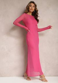 Renee - Fuksjowa Siateczkowa Sukienka o Taliowanym Kroju z Halką Manemoma. Kolor: różowy. Długość rękawa: długi rękaw #4