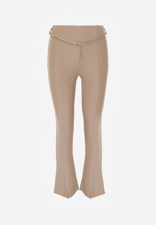 Renee - Beżowe Materiałowe Spodnie Dzwony z Ozdobnym Łańcuszkiem Amelana. Kolor: beżowy. Materiał: materiał. Wzór: aplikacja