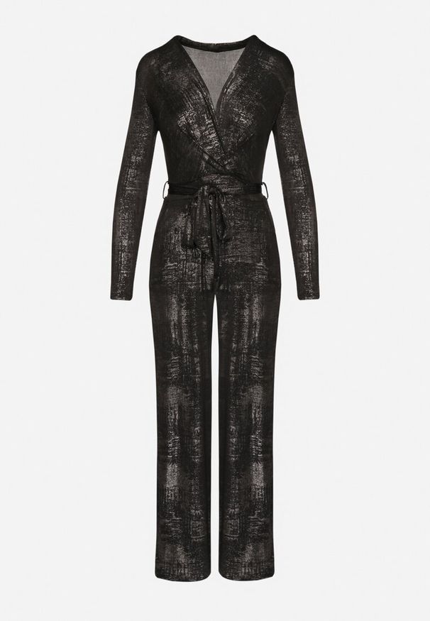 Born2be - Czarno-Złoty Kopertowy Kombinezon z Wiskozą Zdobiony Wiązanym Paskiem Nalissa. Okazja: na co dzień. Kolor: czarny. Materiał: wiskoza. Długość: długie. Wzór: aplikacja. Styl: elegancki, casual