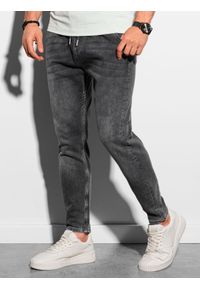 Ombre Clothing - Spodnie męskie jeansowe ze ściągaczem CARROT FIT P1057 - grafitowe - M. Kolor: szary. Materiał: jeans, bawełna, elastan. Styl: klasyczny #1