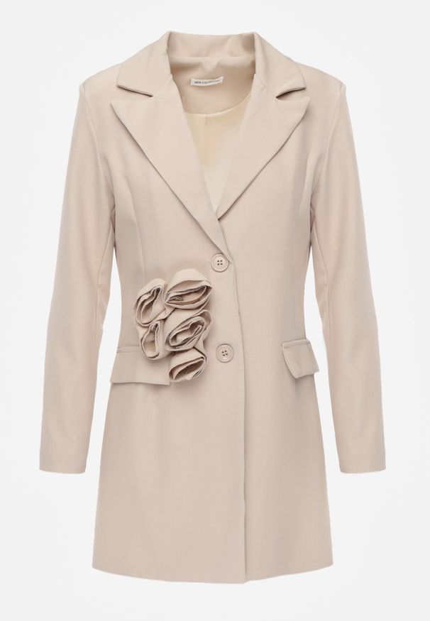 Born2be - Ciemnobeżowa Sukienka Marynarka z Kwiatami 3D i Usztywnioną Linią Ramion Nelailis. Okazja: na co dzień. Kolor: beżowy. Wzór: kwiaty. Typ sukienki: proste. Styl: glamour, casual, elegancki