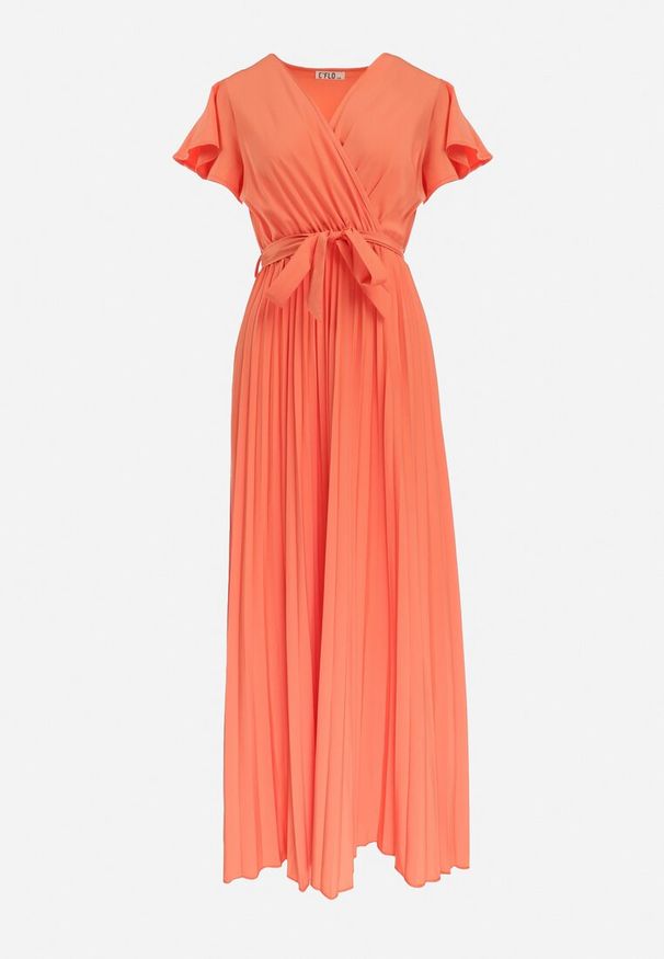 Born2be - Pomarańczowa Elegancka Sukienka Maxi w Plisy z Kopertowym Dekoltem i Wiązaniem Thessi. Kolor: pomarańczowy. Sezon: lato. Typ sukienki: kopertowe. Styl: elegancki. Długość: maxi