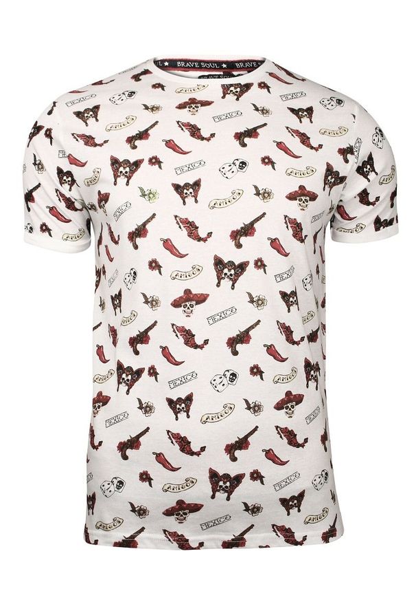 Biały T-Shirt (Koszulka) z Nadrukiem -Brave Soul- Męski, Chili, MEXICO, Rewolwer, Kostki, Amigos. Okazja: na co dzień. Kolor: biały. Materiał: bawełna. Wzór: nadruk. Styl: casual