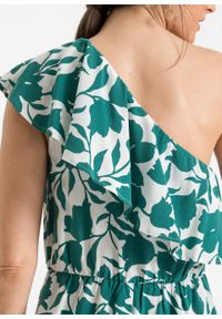Sukienka one-shoulder bonprix biało-zielony z roślinnym nadrukiem. Kolor: biały. Wzór: nadruk. Sezon: lato #6