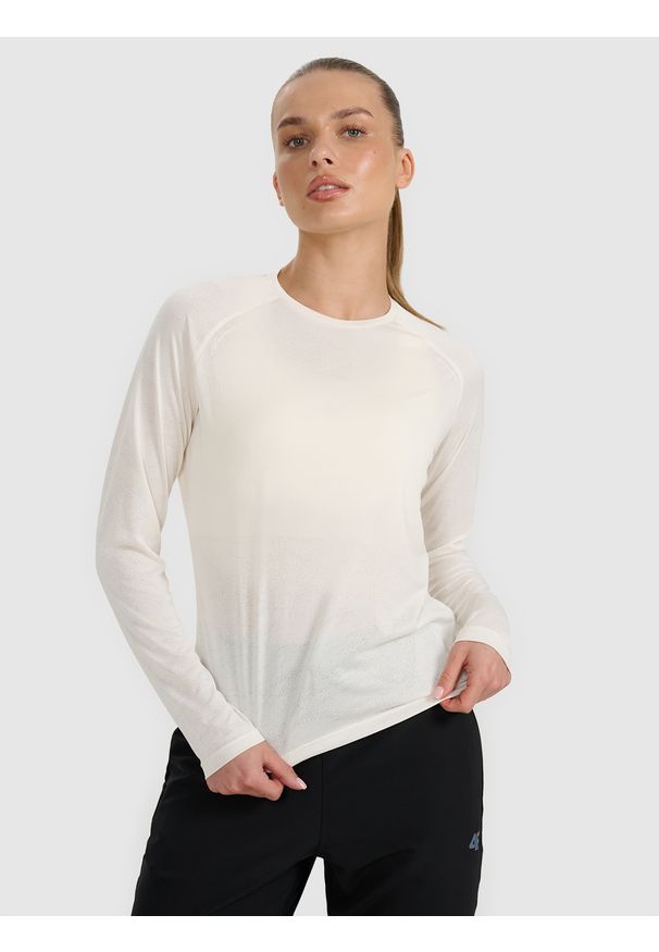 4f - 4F Longsleeve do biegania w terenie szybkoschnący damski - biały L. Kolor: biały. Materiał: tkanina, włókno, materiał. Długość rękawa: długi rękaw. Długość: długie