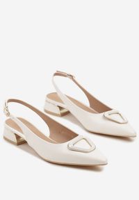 Renee - Białe Sandały Vices Typu Slingback na Niskim Obcasie ze Skórzaną Wkładką Geometryczną Ozdobą Lilienia. Zapięcie: sprzączka. Kolor: biały. Materiał: skóra. Wzór: geometria, aplikacja. Obcas: na obcasie. Styl: elegancki. Wysokość obcasa: niski #6