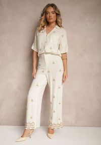 Renee - Biało-Beżowe Spodnie z Wiskozą i Lnem High Waist o Szerokim Kroju z Haftami Olerina. Okazja: na spacer. Stan: podwyższony. Kolor: biały. Materiał: wiskoza, len. Wzór: haft. Sezon: lato. Styl: boho, elegancki