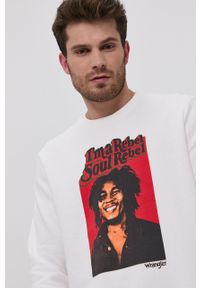 Wrangler Bluza bawełniana x Bob Marley męska kolor biały z nadrukiem. Okazja: na co dzień. Kolor: biały. Materiał: bawełna. Wzór: nadruk. Styl: casual #4