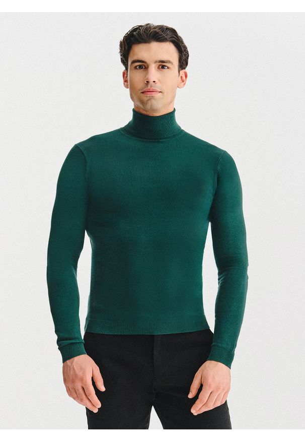 Pako Lorente - PAKO LORENTE - Ciemnozielony gładki golf męski. Typ kołnierza: golf. Kolor: zielony, czarny. Materiał: poliamid, bawełna, elastan. Wzór: gładki. Sezon: jesień