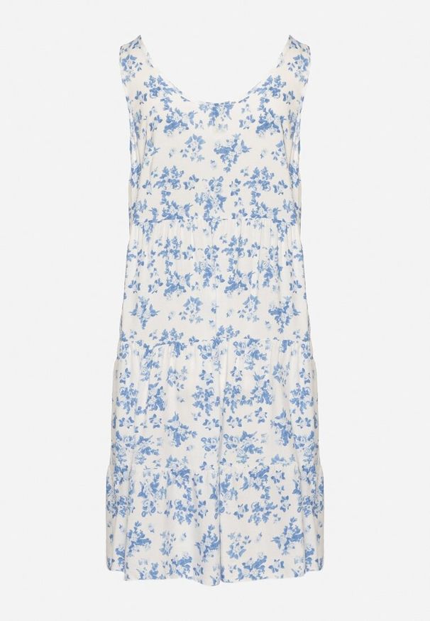 Born2be - Biało-Niebieska Rozkloszowana Sukienka z Bawełny z Kwiatowym Wzorem Anniviana. Okazja: na co dzień, na imprezę. Kolor: biały. Materiał: bawełna. Wzór: kwiaty. Typ sukienki: proste. Styl: klasyczny, casual, elegancki