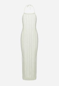 Born2be - Zielona Dopasowana Sukienka Ażurowa z Wiązaniem i Rozcięciami Irvalia. Kolor: zielony. Wzór: ażurowy. Styl: klasyczny #6