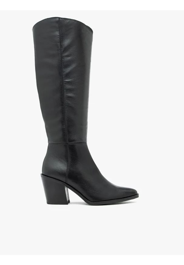 Ryłko - Czarne kozaki ze skóry licowej. Okazja: na co dzień. Zapięcie: zamek. Kolor: czarny. Szerokość cholewki: normalna. Wysokość cholewki: przed kolano. Materiał: skóra. Obcas: na obcasie. Styl: klasyczny, casual. Wysokość obcasa: średni