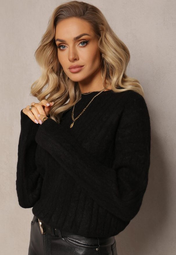 Renee - Czarny Sweter w Ozdobny Splot z Kaszmirem Habeni. Kolor: czarny. Materiał: kaszmir. Wzór: ze splotem. Sezon: zima