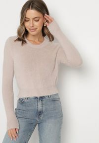 Born2be - Beżowy Krótki Sweter Puchaty Dindra. Kolor: beżowy. Materiał: tkanina, dzianina. Długość: krótkie
