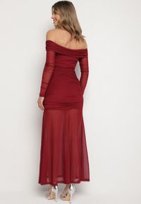 Born2be - Bordowa Taliowana Sukienka Typu Hiszpanka z Transparentnymi Wstawkami Halacia. Okazja: na imprezę. Typ kołnierza: dekolt hiszpanka. Kolor: czerwony. Styl: elegancki #7