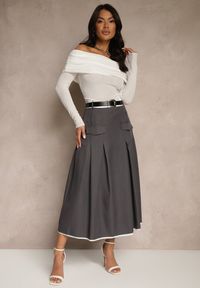 Renee - Szara Spódnica High Waist z Plisami Wykończona Imitacją Kieszeni i Paskiem Evilenes. Okazja: do pracy, na spotkanie biznesowe. Stan: podwyższony. Kolor: szary. Styl: elegancki, biznesowy