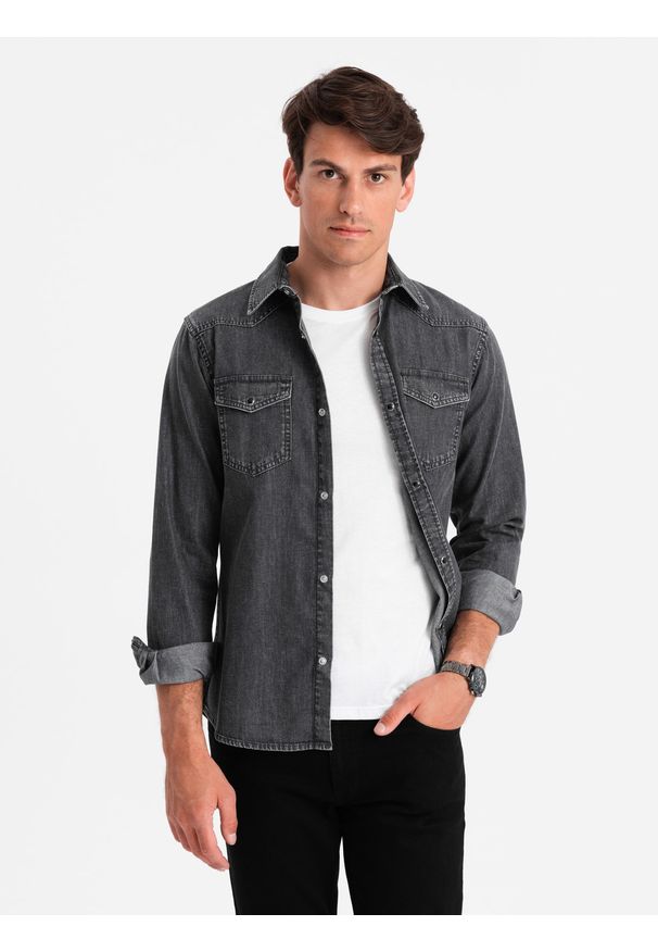 Ombre Clothing - Koszula męska jeansowa na zatrzaski z kieszonkami - czarna V3 - Rozmiar: S. Kolor: czarny. Materiał: jeans