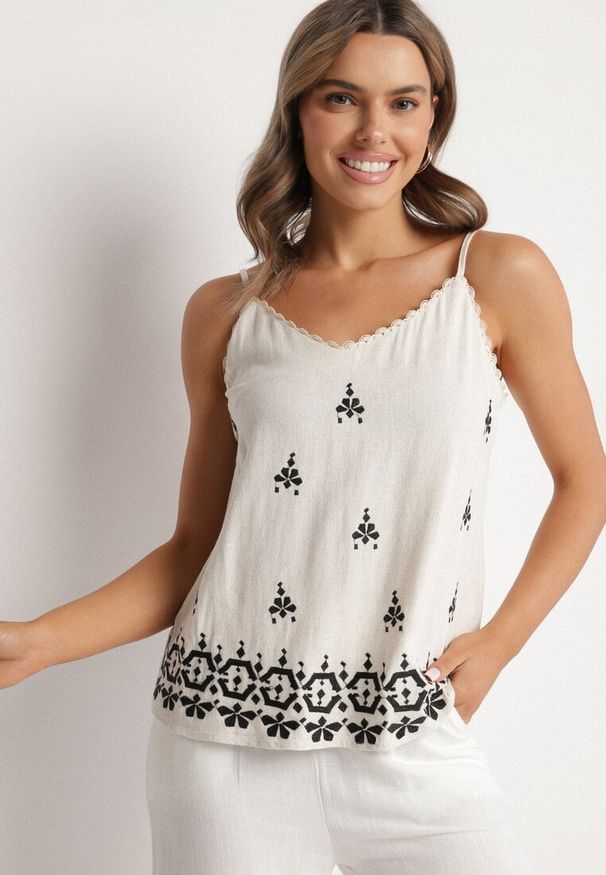 Born2be - Czarny Top z Lnem i Wiskozą z Haftem w Stylu Boho Ronira. Okazja: na co dzień. Kolor: czarny. Materiał: wiskoza, len. Długość rękawa: na ramiączkach. Wzór: haft. Sezon: lato. Styl: boho