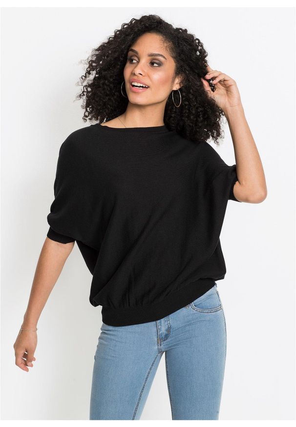 bonprix - Sweter z cienkiej dzianiny z mieszanki bawełny. Kolor: czarny. Materiał: dzianina, bawełna. Długość rękawa: krótki rękaw. Długość: krótkie. Wzór: gładki, ze splotem