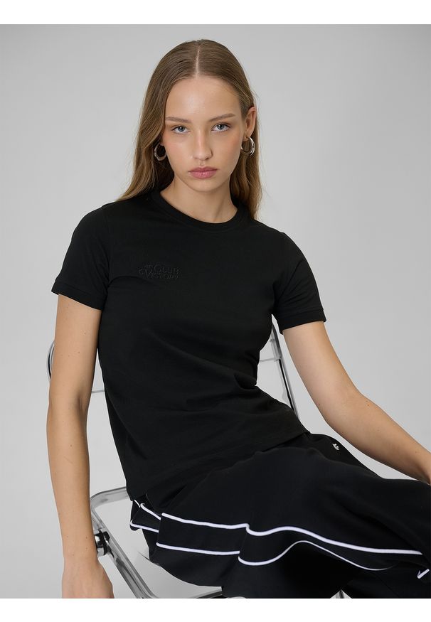 4f - 4F T-shirt regular z nadrukiem damski - czarny L. Okazja: na co dzień. Kolor: czarny. Materiał: materiał, bawełna, dzianina. Wzór: nadruk. Styl: casual, klasyczny