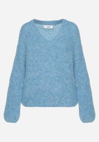 Born2be - Niebieski Sweter z Wełną i Rozszerzanymi Rękawami Sinara. Okazja: na co dzień. Kolor: niebieski. Materiał: wełna. Styl: casual, elegancki, klasyczny