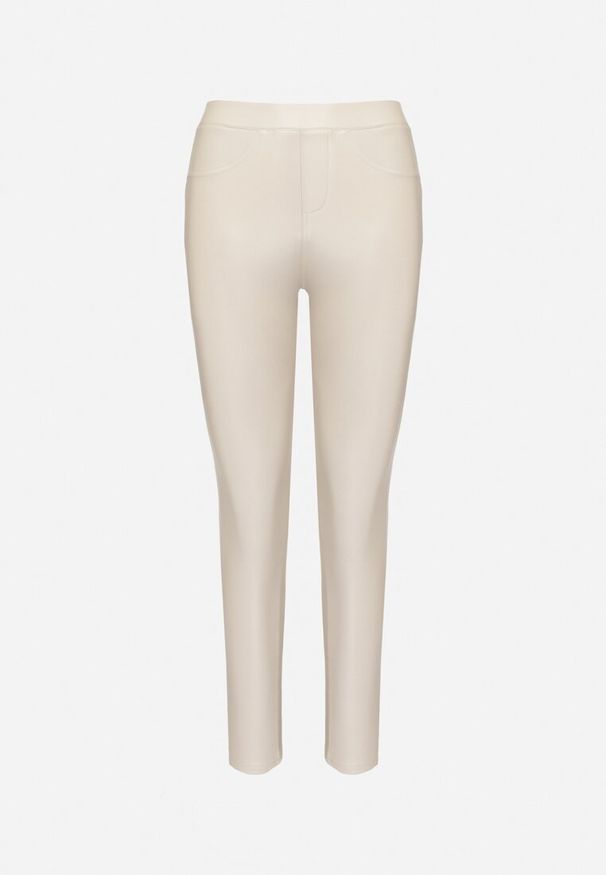 Born2be - Ciemnobeżowe Legginsy z Ekoskóry z Wysokim Stanem i Imitacją Kieszeni Merievia. Okazja: na co dzień. Stan: podwyższony. Kolor: beżowy. Sezon: zima. Styl: casual, elegancki, klasyczny