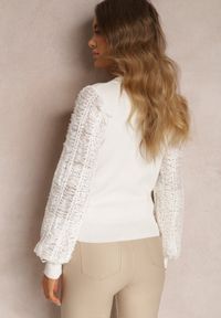 Renee - Biały Sweter z Bufiastym Ażurowym Rękawem Fenavy. Kolor: biały. Wzór: ażurowy. Sezon: zima #5