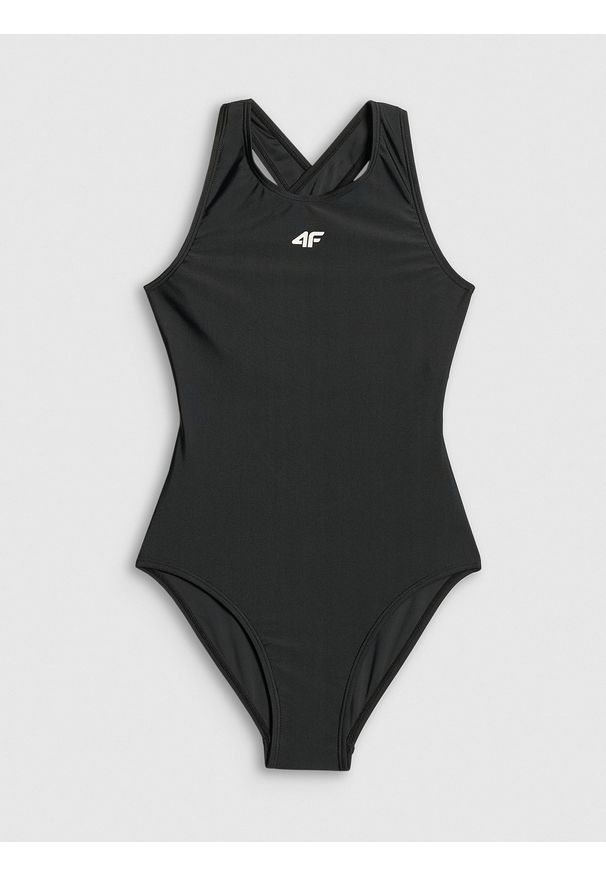 4f - 4F Kostium kąpielowy jednoczęściowy dziewczęcy - czarny 122/128 (6-8 lat). Kolor: czarny. Materiał: materiał, skóra