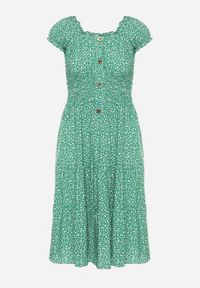 Born2be - Zielona Bawełniana Sukienka w Drobne Kwiaty z Gumkami w Talii Fielita. Kolor: zielony. Materiał: bawełna. Długość rękawa: krótki rękaw. Wzór: kwiaty. Sezon: lato. Styl: elegancki #4