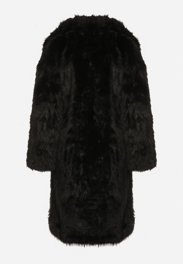 Born2be - Czarny Jednorzędowy Płaszcz Futro z Szerokim Kołnierzem Wedinalia. Okazja: do pracy, na co dzień. Typ kołnierza: golf. Kolor: czarny. Materiał: futro. Styl: elegancki, casual