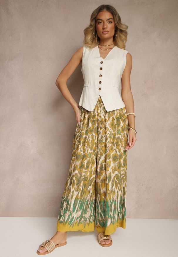Renee - Beżowo-Żółte Szerokie Spodnie z Wiskozy High Waist Ellirelle. Okazja: na co dzień. Stan: podwyższony. Kolor: beżowy. Materiał: wiskoza. Styl: elegancki, casual