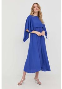 Liviana Conti sukienka z domieszką jedwabiu midi. Typ kołnierza: dekolt w karo. Kolor: niebieski. Materiał: jedwab. Długość rękawa: na ramiączkach. Typ sukienki: rozkloszowane. Długość: midi #1