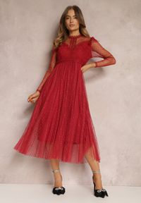 Renee - Bordowa Sukienka z Koronką i Tiulem Welvia. Kolor: czerwony. Materiał: tiul, koronka. Wzór: koronka #1