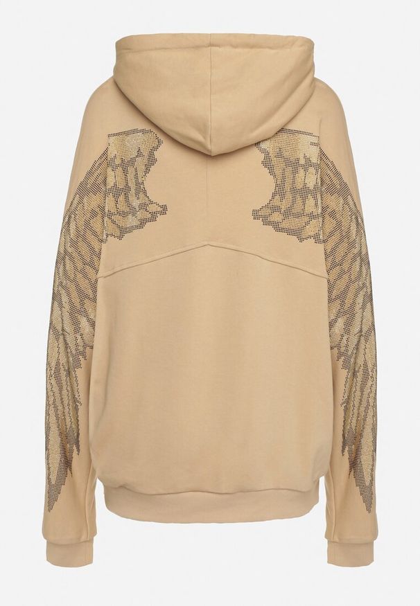 Born2be - Beżowa Bawełniana Bluza z Kapturem Nadrukiem Tygrysa i Cyrkoniami Eriviera. Okazja: na co dzień. Typ kołnierza: kaptur. Kolor: beżowy. Materiał: bawełna. Długość rękawa: długi rękaw. Długość: długie. Wzór: nadruk. Styl: casual, wizytowy