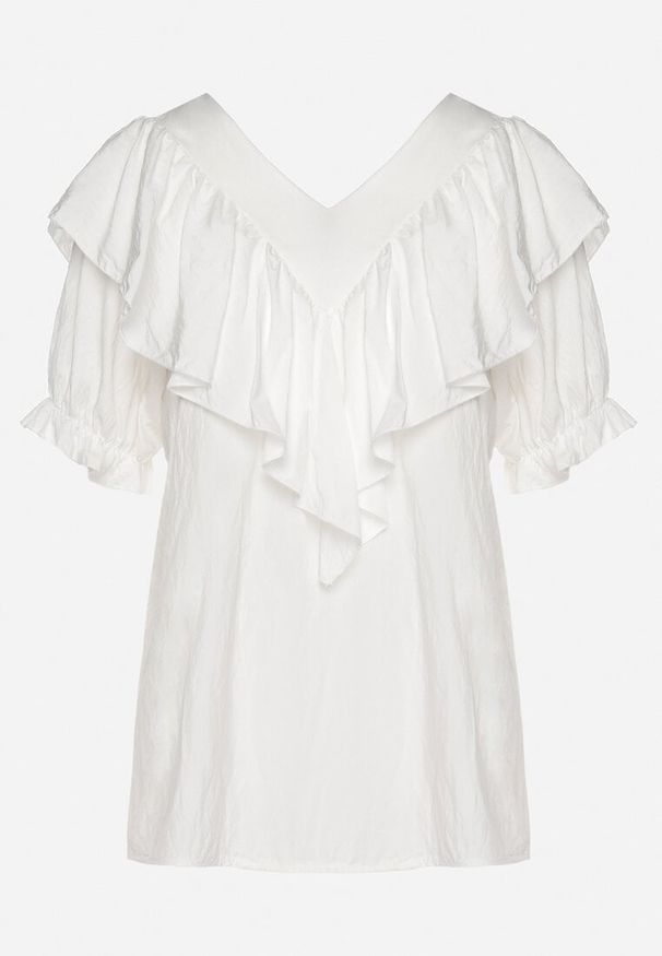 Born2be - Biała Bluzka z Wiskozą i Falbankami Fadevia. Okazja: na co dzień. Typ kołnierza: kołnierz z falbankami. Kolor: biały. Materiał: wiskoza. Długość rękawa: krótki rękaw. Długość: krótkie. Styl: elegancki, casual, wizytowy