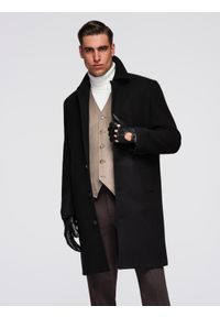 Ombre Clothing - Męski długi jednorzędowy płaszcz z kołnierzykiem i podpinką – czarny V1 - Rozmiar: XL. Okazja: na co dzień. Typ kołnierza: kołnierzyk koszulowy, komin. Kolor: czarny. Materiał: syntetyk, materiał. Długość: długie. Wzór: jednolity. Styl: casual, elegancki, wizytowy