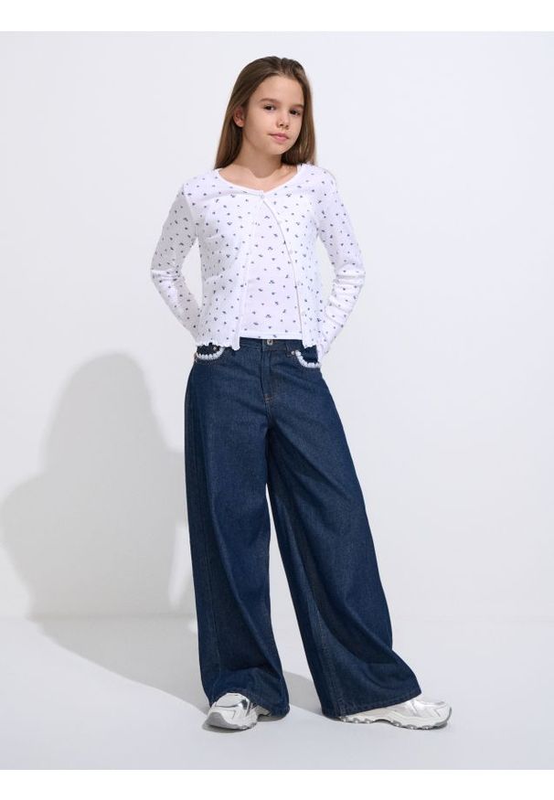 Sinsay - Jeansy widge leg z koronkowym wykończeniem - indigo jeans