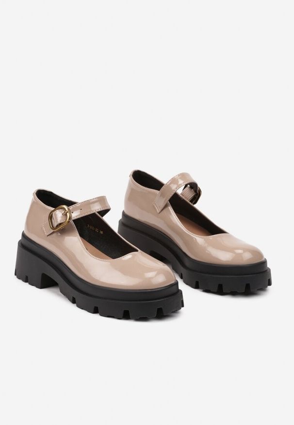Renee - Ciemnobeżowe Półbuty Lakierowane na Platformie i Słupku w Stylu Mary Jane Omela. Okazja: na spotkanie biznesowe, do pracy. Zapięcie: sprzączka. Kolor: beżowy. Materiał: lakier. Obcas: na platformie. Styl: elegancki, klasyczny, biznesowy, wizytowy