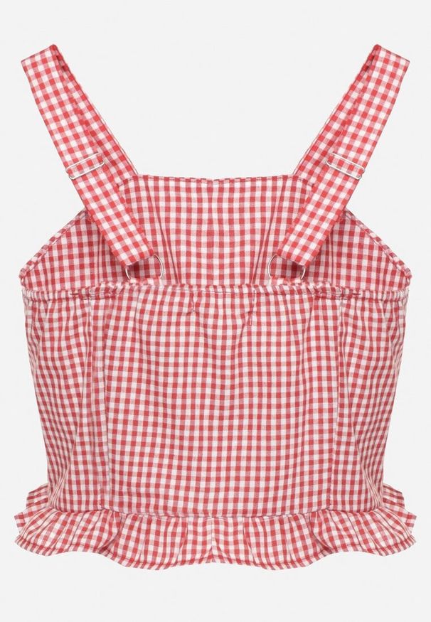 Born2be - Czerwona Bluzka Top ze Wzorem Kraty Ozdobiony Falbanką i Guzikami Folorae. Okazja: na co dzień. Kolor: czerwony. Materiał: jeans. Długość rękawa: na ramiączkach. Długość: krótkie. Wzór: aplikacja. Styl: elegancki, casual