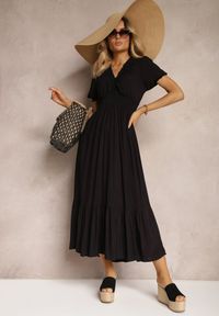 Renee - Czarna Boho Sukienka z Bawełny o Kopertowym Fasonie Rissatina. Okazja: do pracy. Typ kołnierza: dekolt w kształcie V. Kolor: czarny. Materiał: bawełna. Typ sukienki: kopertowe. Styl: boho #4