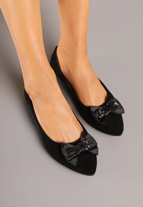 Born2be - Czarne Balerinki ze Skórzaną Wkładką z Kokardą Galethia. Okazja: na co dzień. Kolor: czarny. Materiał: skóra. Styl: elegancki, casual