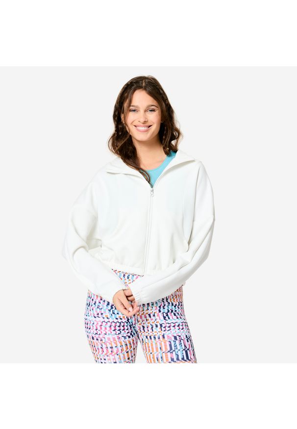 DOMYOS - Bluza z kapturem damska Domyos fitness. Typ kołnierza: kaptur. Kolor: biały. Materiał: materiał, elastan, poliester, lyocell. Sport: fitness