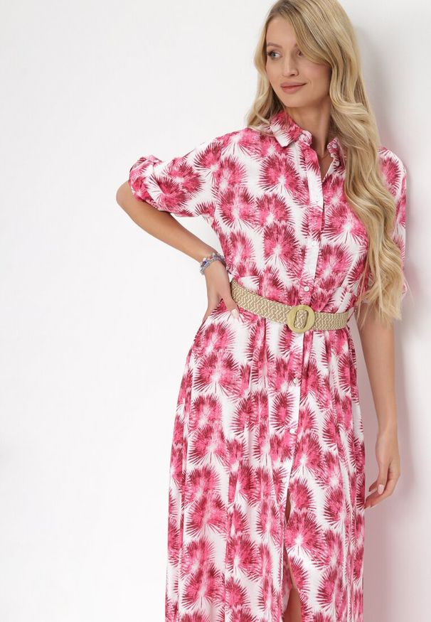 Born2be - Fuksjowa Rozkloszowana Sukienka Maxi z Plecionym Paskiem i Wsuwanymi Kieszeniami Suttyn. Kolor: różowy. Długość rękawa: długi rękaw. Sezon: wiosna, lato. Długość: maxi