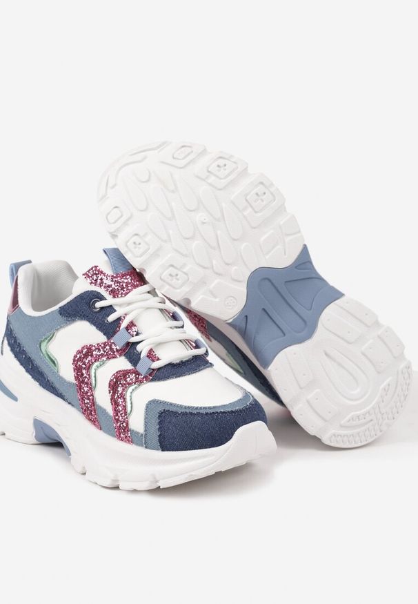 Renee - Niebieskie Sznurowane Sneakersy na Platformie Ozdobione Brokatem Betira. Okazja: na co dzień. Nosek buta: okrągły. Zapięcie: sznurówki. Kolor: niebieski. Materiał: jeans, materiał, nubuk, syntetyk. Wzór: aplikacja. Obcas: na platformie. Wysokość obcasa: niski