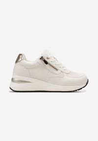 Renee - Białe Sneakersy na Koturnie Ozdobione Krótkim Suwakiem Yurgia. Kolor: biały. Wzór: aplikacja. Obcas: na koturnie #5