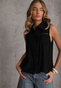 Renee - Czarna Boho Koszula z Wiskozy Bez Rękawów Zdobiona Haftem Melirianne. Kolor: czarny. Materiał: wiskoza. Długość rękawa: bez rękawów. Wzór: haft, aplikacja. Sezon: lato. Styl: boho #1